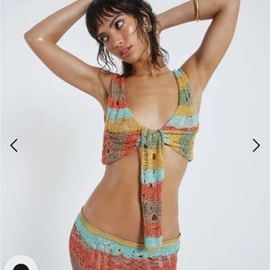 JADED LONDON ODETTE STRIPED LADDERED WRAP KNIT TOP